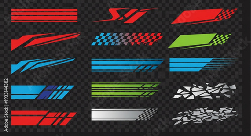 Collection of dynamic car decals and racing stripe designs for vehicle customization.
