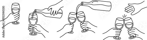 Hand drawn outline illustrations featuring hands pouring wine from a bottle and clinking glasses for a celebratory toast on white