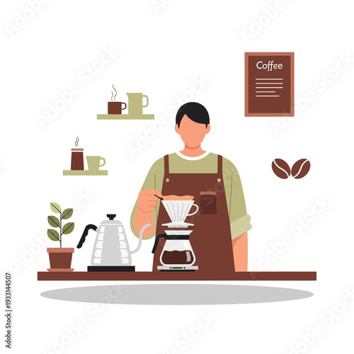 Barista making pour over coffee, skilled coffee preparation, coffee shop interior, aroma, brewing