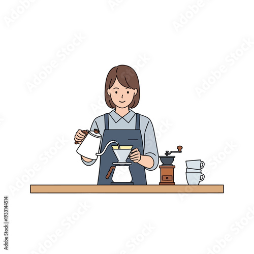 Barista making pour-over coffee with kettle and grinder on wooden counter