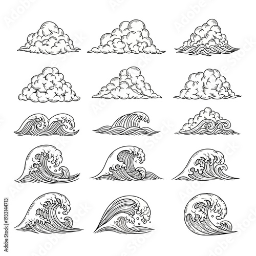 Black and white line drawings of various wave and cloud formations