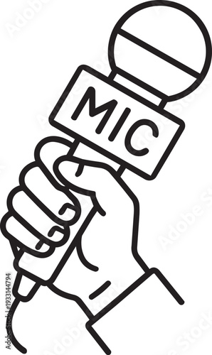 Hand holding a live microphone outline icon for political interview press conference election speech and public voice
