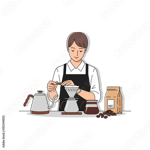 Barista making pour over coffee with beans, kettle, and dripper on table