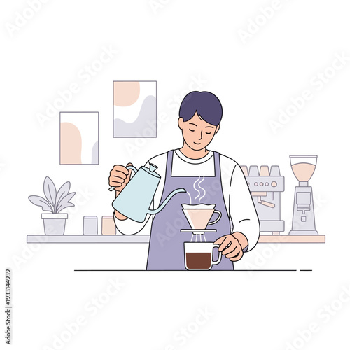 Barista making pour over coffee, brewing fresh coffee in a cafe, close-up on process