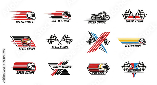 Collection of dynamic racing logos with speed stripes and checkered flags.