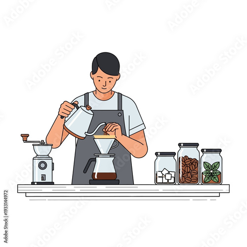 Barista making pour over coffee, preparing specialty coffee with fresh ingredients and equipment