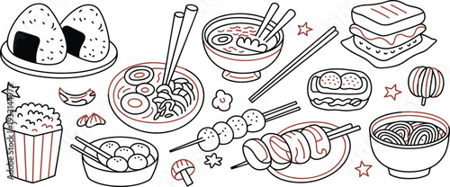Set of hand drawn Asian street food illustrations including ramen noodles onigiri skewers and snacks in cute doodle style isolated on white