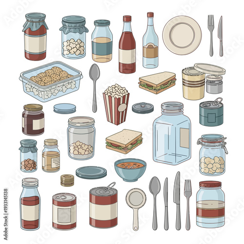 Colorful illustration of various food items and kitchen utensils