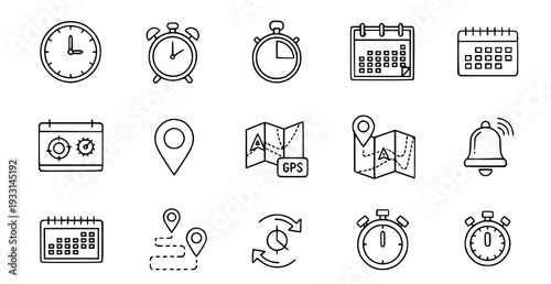 A set of minimalist line art icons representing time and navigation tools