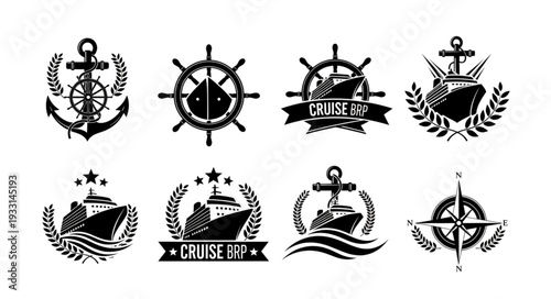 Collection of nautical themed emblems featuring anchors, ships, and steering wheels for maritime designs.