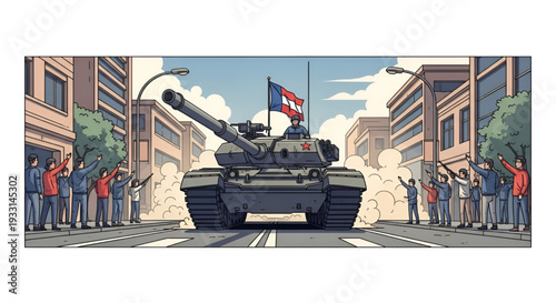 Military conflict illustration showing battle tank moving through city street with crowd protest in vector style symbolizing war tension crisis and security threat