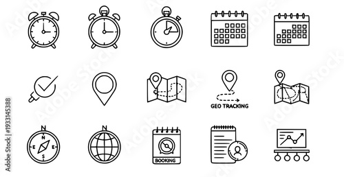 A set of minimalist line art icons representing time management and navigation tools