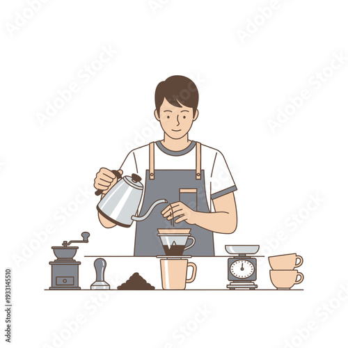 Barista making pour over coffee with kettle, grinder, scale, and cups