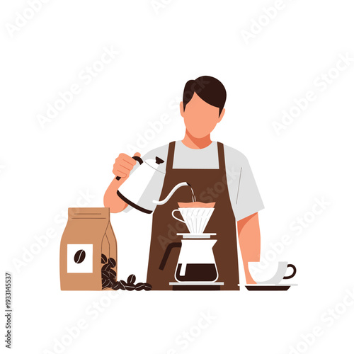 Barista making pour over coffee, brewing specialty coffee, coffee beans, and equipment