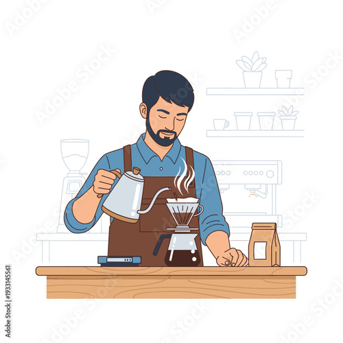 Barista making pour over coffee, brewing specialty coffee with a v60 dripper and kettle