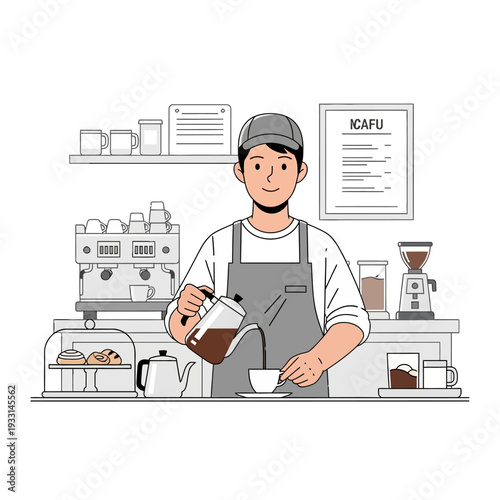 Barista pouring coffee into cup at cafe counter with espresso machine and pastries