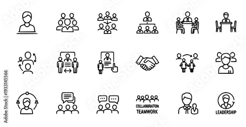 A set of minimalist line art icons depicting business teamwork and collaboration
