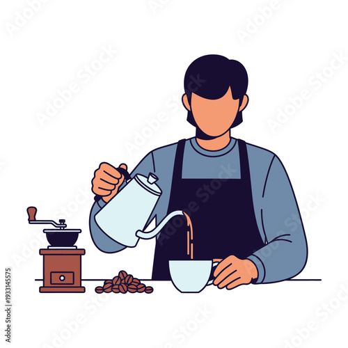 Barista pouring hot water from kettle into coffee cup, making coffee