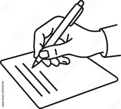 Hand writing with pen on a ballot paper outline icon depicting election choice and voting action