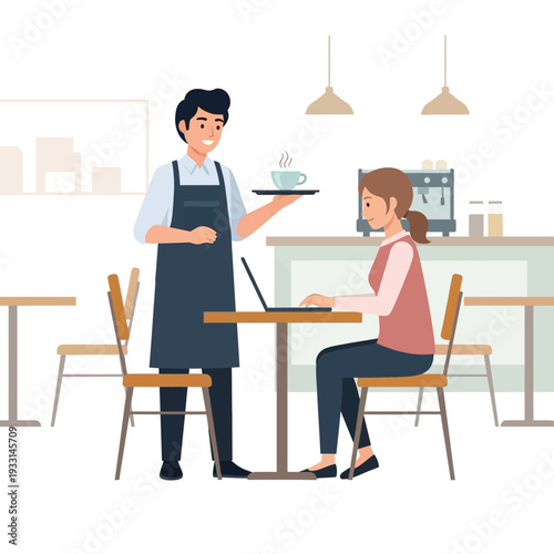 Waiter Serving Coffee to Woman Working on Laptop at Cafe Table