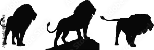 WebLion silhouettes, standing, walking, proud posture, wildlife illustration, animal strength, majestic presence, safari theme, vector art, black silhouette, isolated