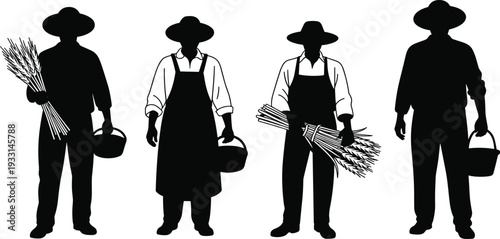 Black farmer silhouette set with harvest crops and baskets for agriculture, organic farming and rural life