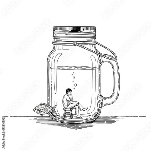 Man sitting inside a large glass jar with a fish outside