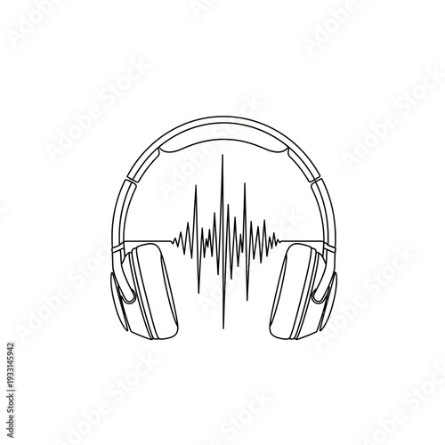 Black line art headphones with sound wave