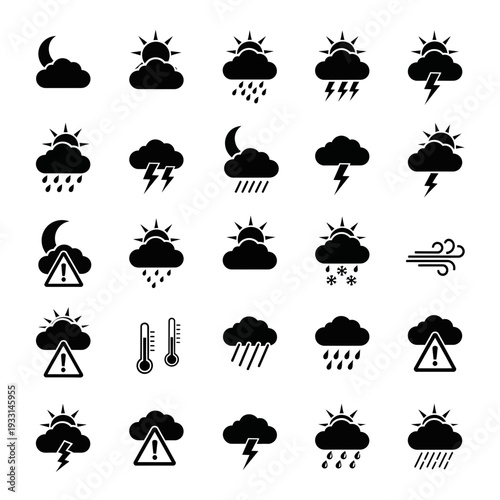 Weather forecast icons set with various cloud and sun symbols