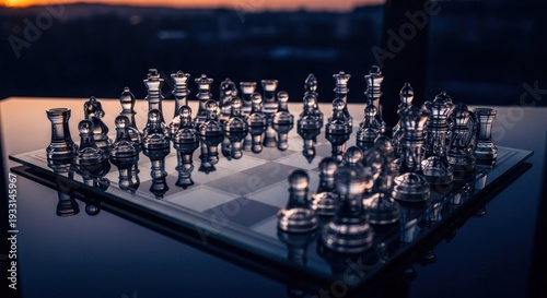 Wallpaper Mural Glass chess set illuminated against a dark background, sunset visible through window Torontodigital.ca