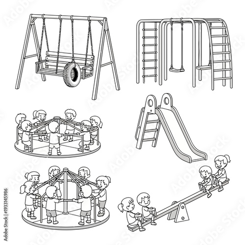 Children playing on various swings and slides in a playground setting