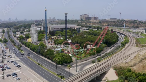 Aerial View of the Luna Park Amusement Park featuring the Ferris Wheel and Roller Coaster, Tel Aviv, Israel