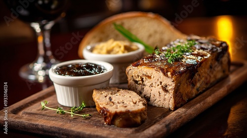 Pork terrine flavored with Belgian dark ale, thyme, and caramelized onions, rich brown interior visible in cross-section, served with whole-grain mustard and crusty bread, moody pub atmosphere
