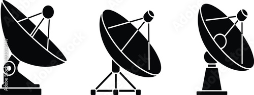 Satellite dish silhouettes and telecommunication antenna vector set for space signal, broadcast and wireless technology