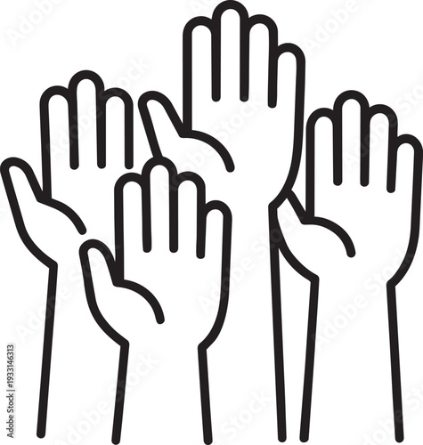 Multiple raised hands outline icon symbolizing public consensus democratic voting volunteer participation and political support