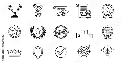 A set of black and white line art icons representing achievement and excellence