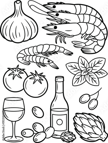 Set of hand drawn outline Mediterranean food doodle illustrations featuring shrimp tomatoes garlic olives wine and artichoke on white background