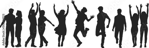 WebPeople silhouettes, standing, jumping, joyful movement, expressive posture, celebration theme, unity gesture, human interaction, vector illustration, black silhouette, isolated