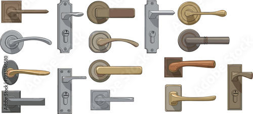 Modern and Classic Door Handle Vector Set with Metallic Knobs and Lever Handles for Interior Design, Architecture, Home Improvement, and Realistic Hardware Mockups