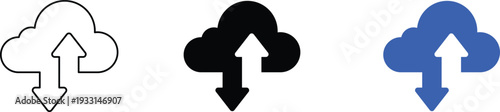 Set of three cloud computing icons in line art, solid black, and blue styles featuring double arrows for data synchronization and transfer.