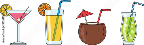 Tropical Cocktail Drinks Vector Set with Margarita, Lemonade, Coconut and Refreshing Summer Beverages