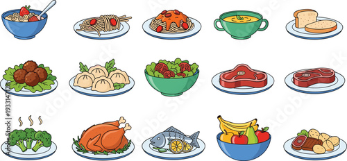 Large collection of cute cartoon food icons including pasta, steak, roast chicken, fish, salad, fruit bowl and cereal, isolated