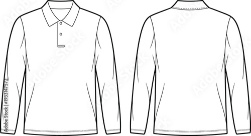 White long-sleeved polo shirt with collar and button placket shown from front and back view