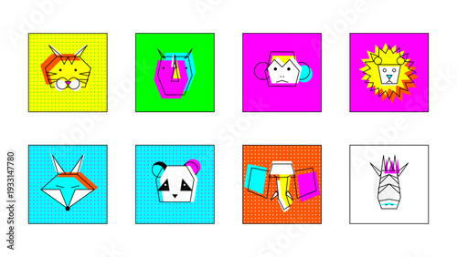 Vibrant pop art style set icon collection with wild animal heads tiger panda lion elephant fox in geometric square frames vector design for retro 80s 90s creative web and print graphics project.