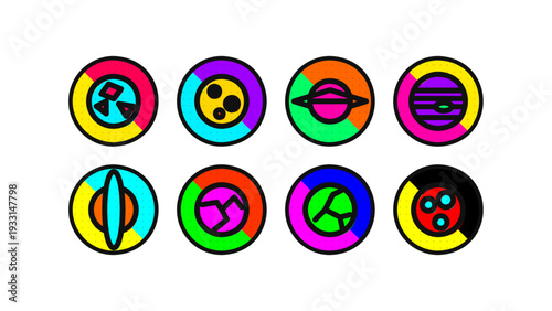 Set of vibrant pop art style icon stickers featuring cosmic planets, saturn, moon, and radiation symbols. Colorful vector badges for gaming UI, app design, and retro comic book themed projects.