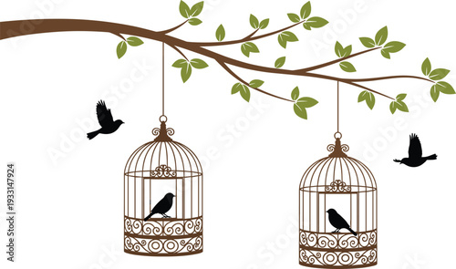 Silhouette of black birds flying and sitting inside vintage birdcages hanging from a brown tree branch with green leaves, vector