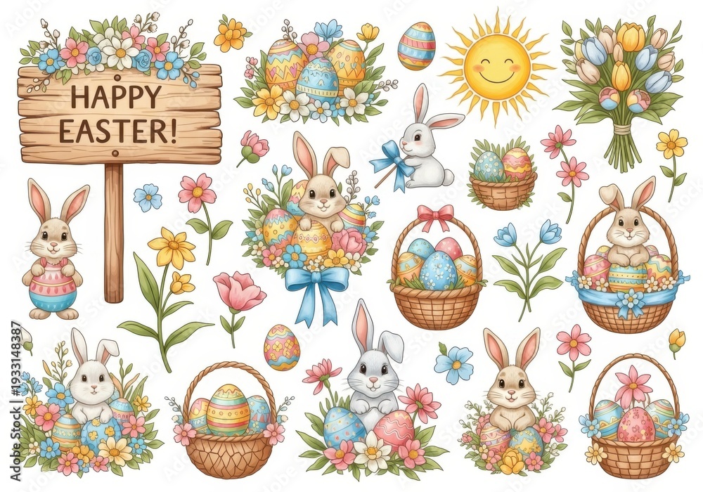 Fototapeta premium Colorful easter stickers with bunnies and eggs on white background