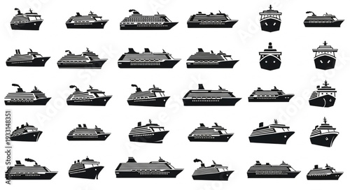 Collection of various cruise ships and vessels in silhouette style, perfect for travel and maritime themes.