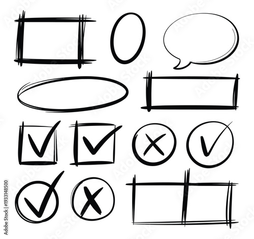 Hand drawn doodle set of check marks crosses speech bubbles and geometric frames isolated on transparent background for creative use