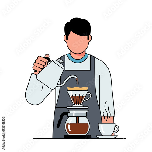 Barista making pour over coffee, brewing fresh coffee with kettle and filter
